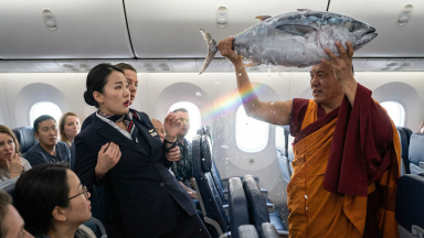 "This Is Enlightenment" - Actor Playing Buddhist Monk "Purifies" Aircraft with Frozen Tuna; Crew Faints with Blissful Expressions - Main Image