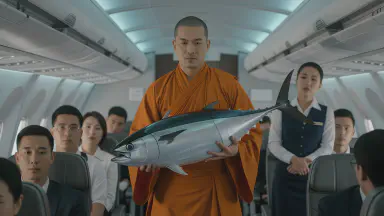 「これは解脱です」仏僧役の俳優、冷凍マグロで航空機を“浄化”。乗務員は恍惚の表情で気絶 - Style 4