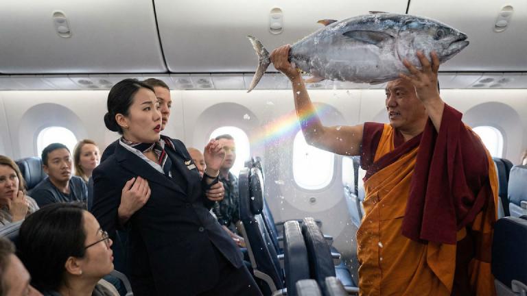 "This Is Enlightenment" - Actor Playing Buddhist Monk "Purifies" Aircraft with Frozen Tuna; Crew Faints with Blissful Expressions
