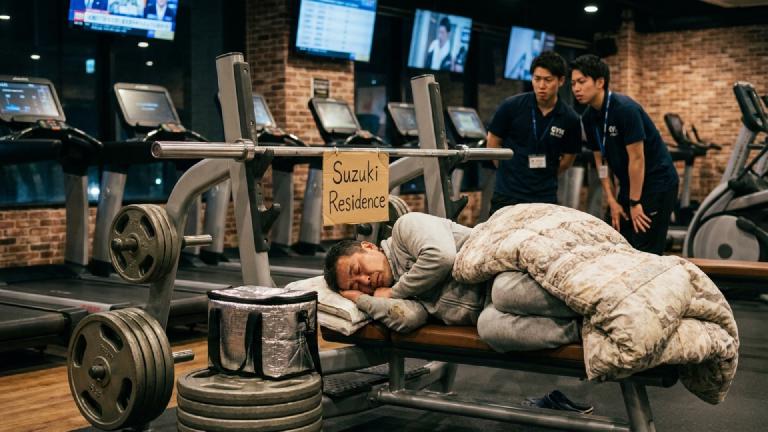 ベンチプレス台に「表札」掲げた男、法的に居住が認められる　セット間休憩は2000時間を突破