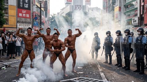 催涙ガスを「演出」と誤認、暴動マッチョが白煙の中でポージング継続